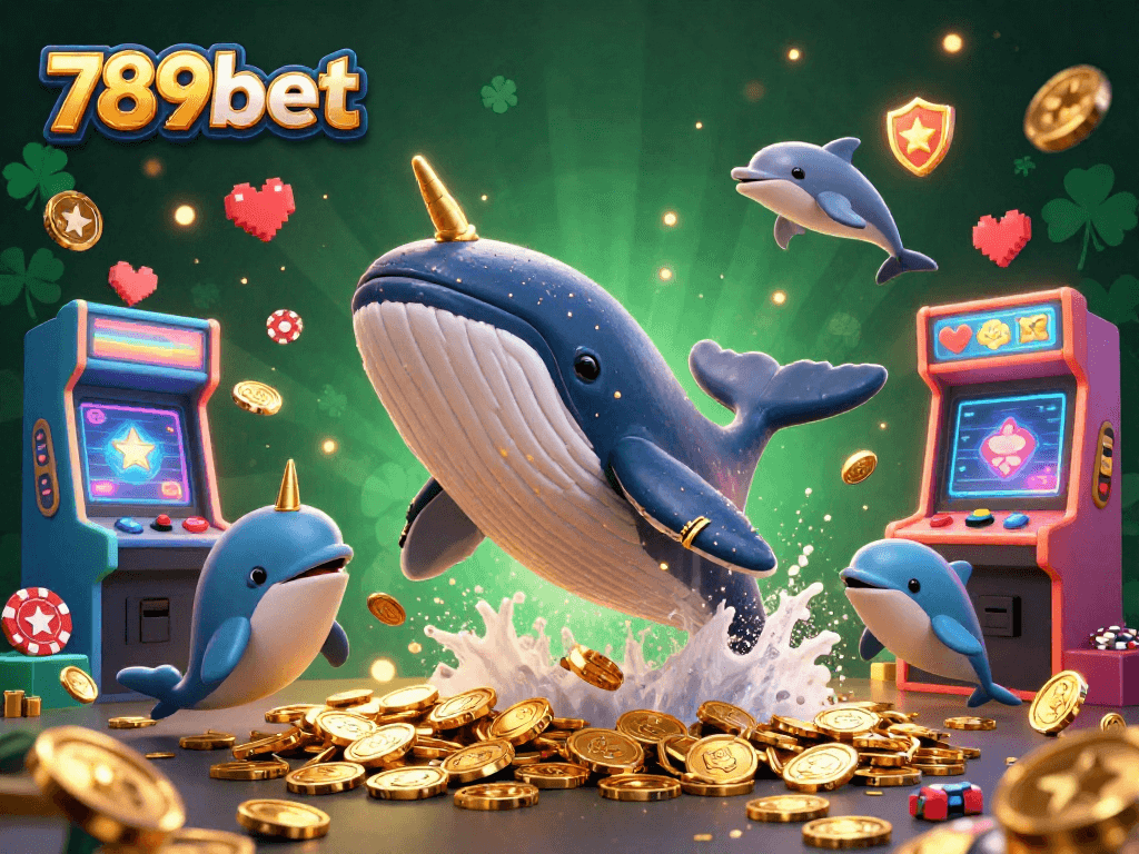 Experience the thrill of 789bet with playful dolphins and a mighty whale in a vibrant casino scene.