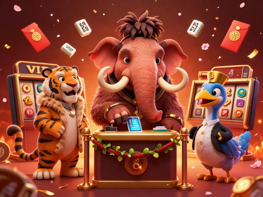 Mu88 casino bouncer checks IDs while a saber-tooth tiger VIP guest reviews slot game options.