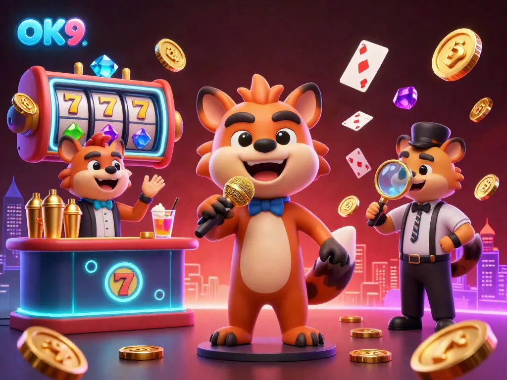 Experience the thrills of OK9's lively casino with hyenas entertaining, mixing drinks, and engaging in exciting gambling action.