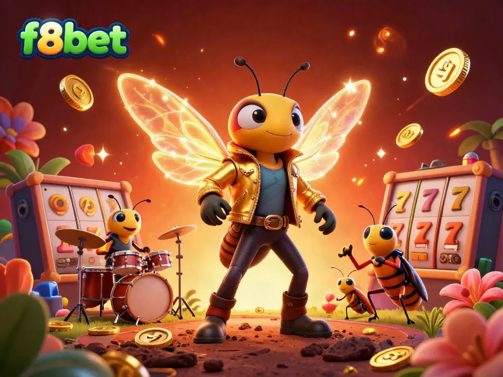 Experience dynamic casino excitement with f8bet in this vibrant 3D scene featuring a rock star cicada and lucky symbols.