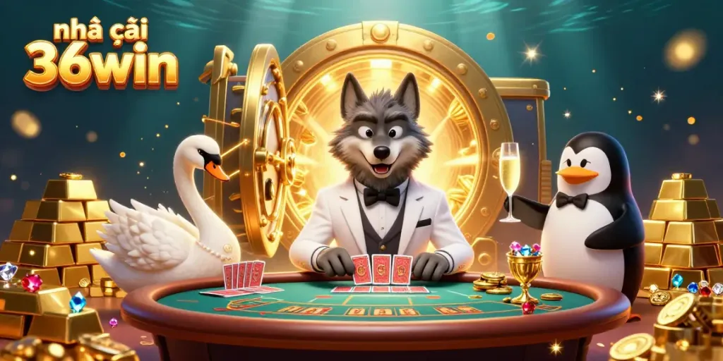 Experience the thrill of Nhà cái 36win with an energetic scene of characters enjoying casino games.