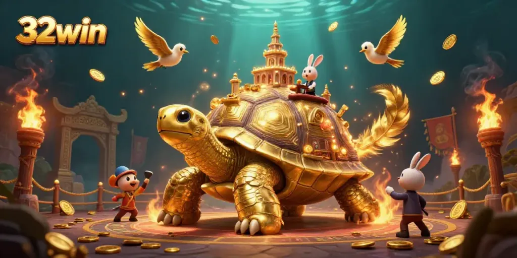 Experience the vibrant casino life with 32win's golden tortoise and dynamic scene.
