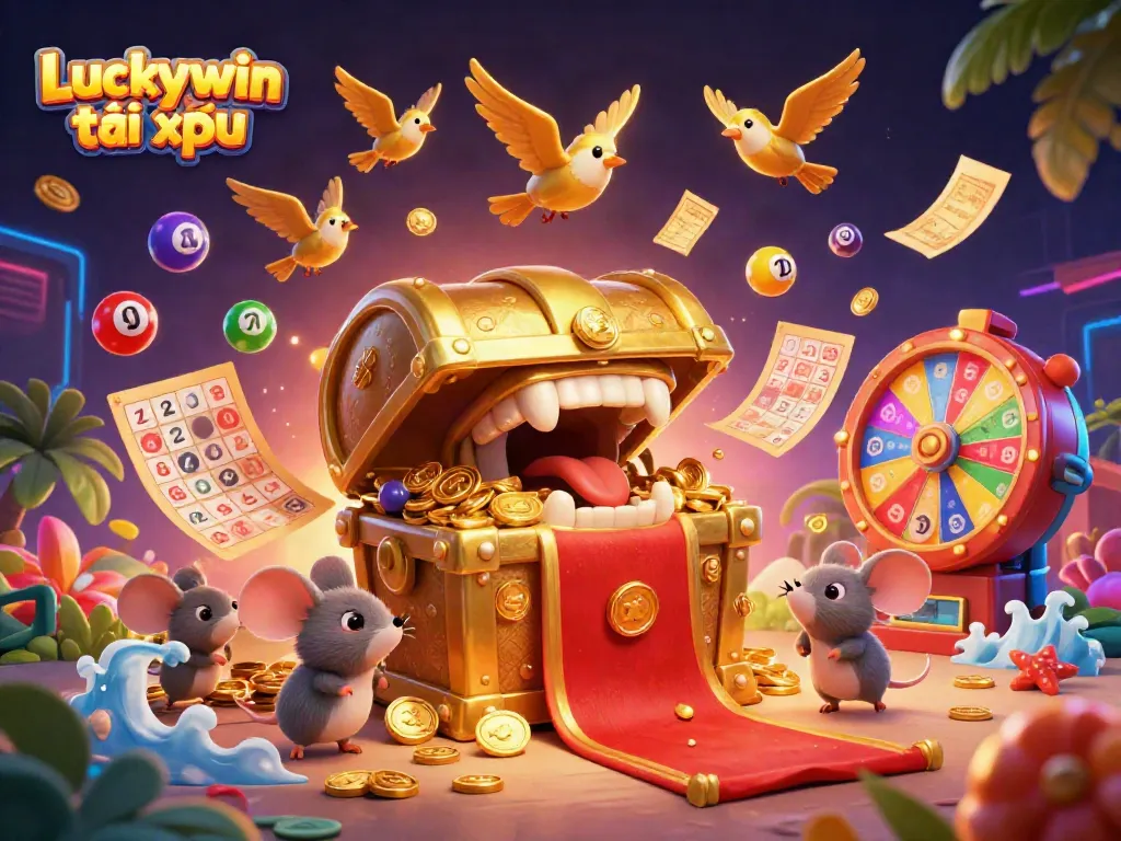 Engage with Luckywin tài xỉu, explore gaming treasures in a vibrant casino-themed illustration.
