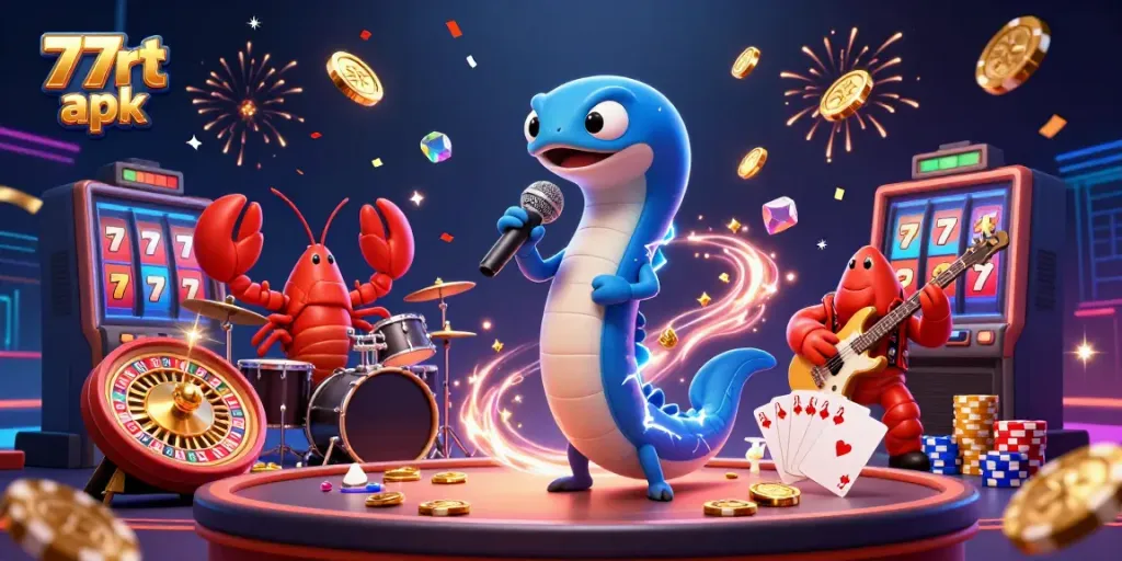 Join the excitement with 77rt apk as an electric eel DJ spins, flanked by a lobster drummer and seahorse guitarist on an underwater casino stage.