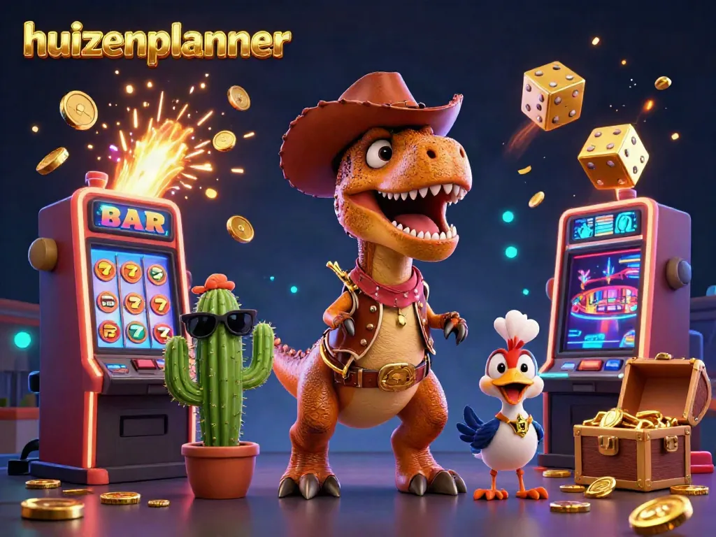 Catch the excitement with the huizenplanner as a dinosaur and friends celebrate winning at dynamic slot machines.