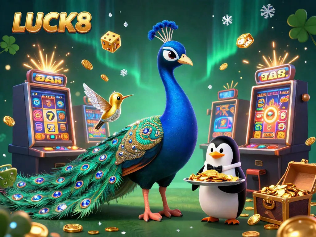 Experience thrilling wins with LUCK8 in a vibrant 3D casino scene bursting with jackpots and entertainment.