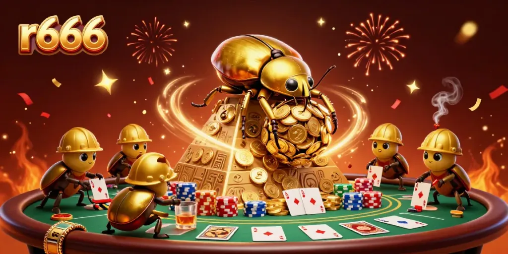Experience thrilling casino action with r666 in a vibrant golden beetle scene.