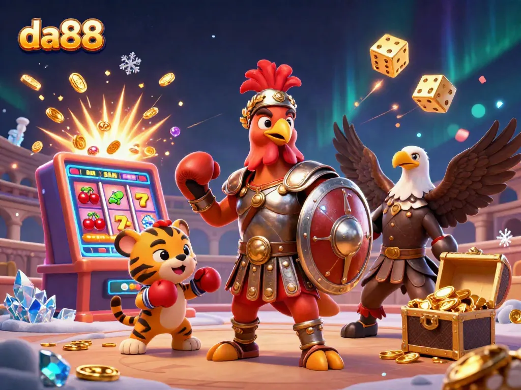 Experience the excitement of da88 with a dynamic 3D casino scene featuring thrilling games and characters.