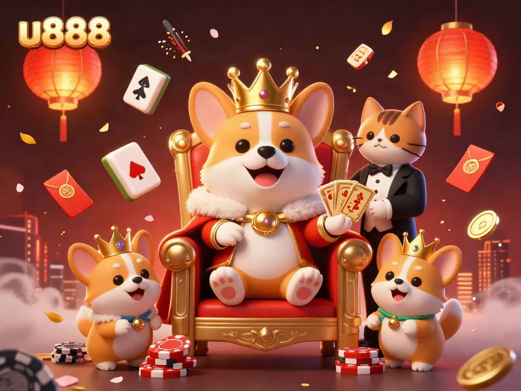 Join the u888 casino scene with a royal corgi, a cat butler, and festive gambling elements.