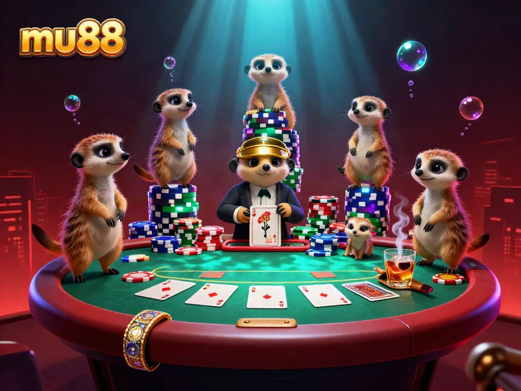 Experience mu88's vibrant casino atmosphere with meerkats managing games and towering chip stacks.