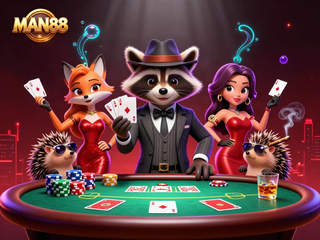 Experience thrilling gambling action with MAN88 at a vibrant poker scene featuring unique characters and rich game elements.