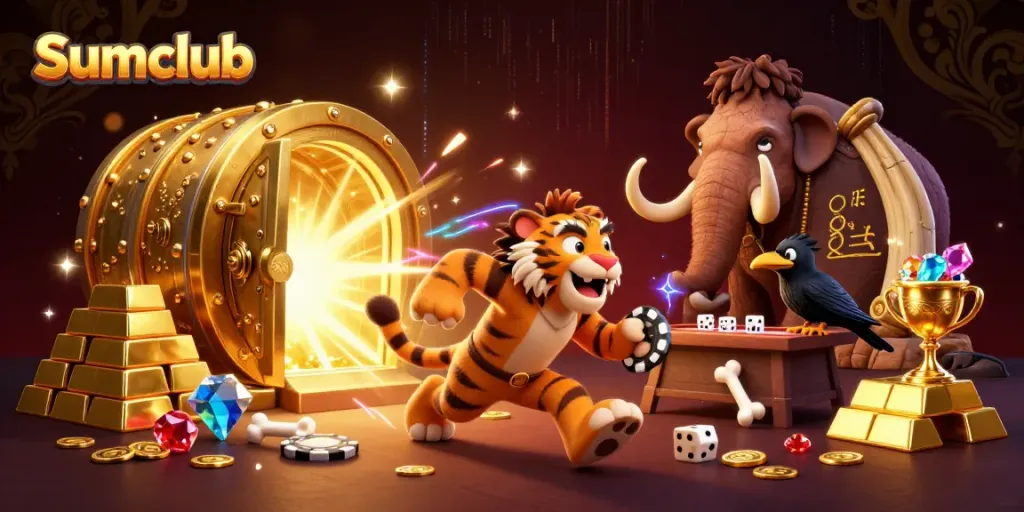 Experience the thrill of Sumclub with a vibrant prehistoric casino scene filled with treasures and fortune.