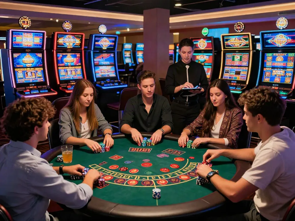 Friends enjoying games at a Casino En Ligne, showcasing table games and slots.