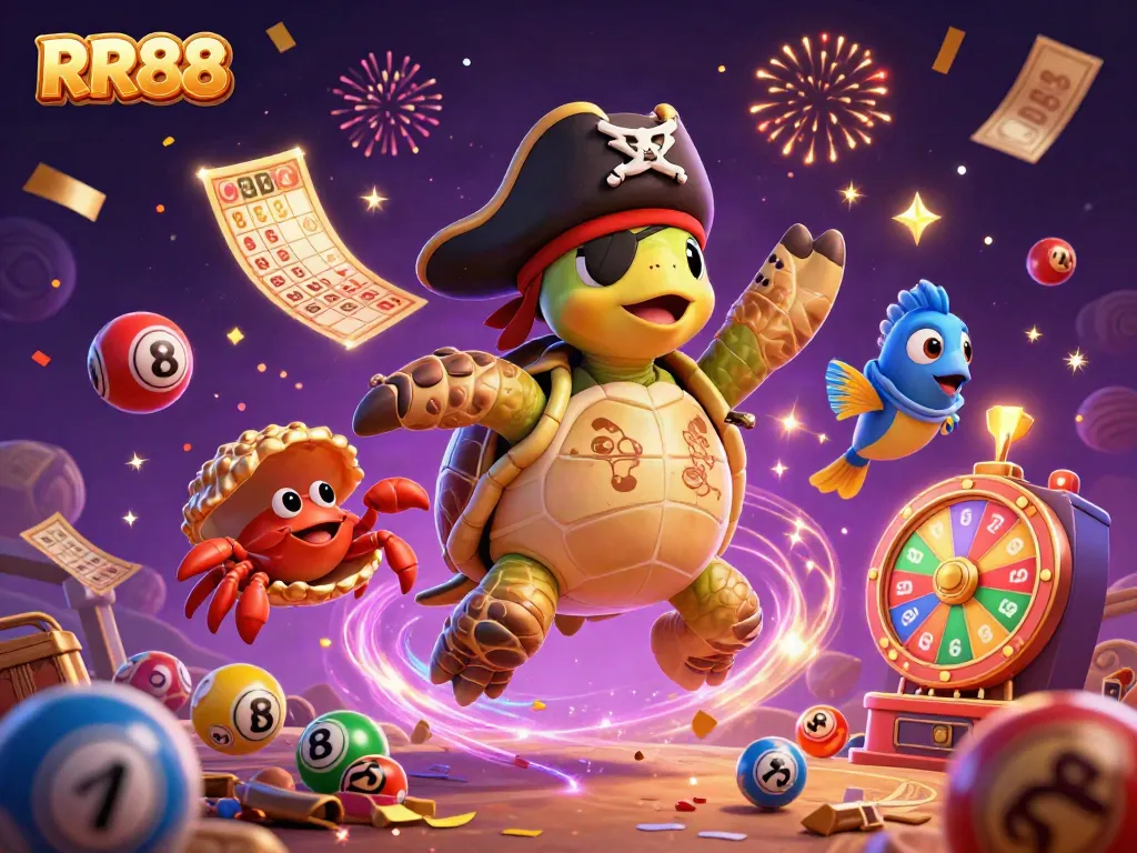RR88 showcases an exciting scene with a pirate turtle and friends diving into lottery games and vibrant prizes.