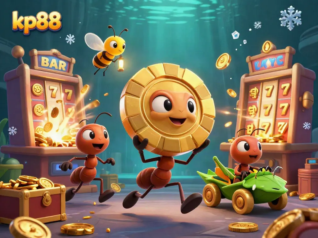 Experience kp88 with a vibrant scene of a heist led by ants, set amidst a dynamic casino atmosphere.