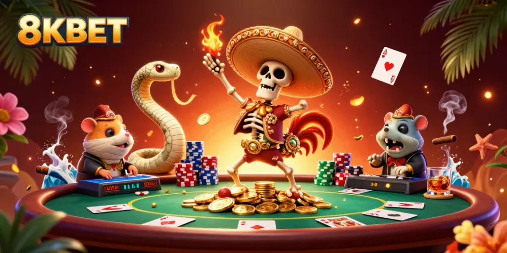 Experience the vibrant thrill of 8KBET with our animated characters celebrating wins surrounded by colorful poker elements.