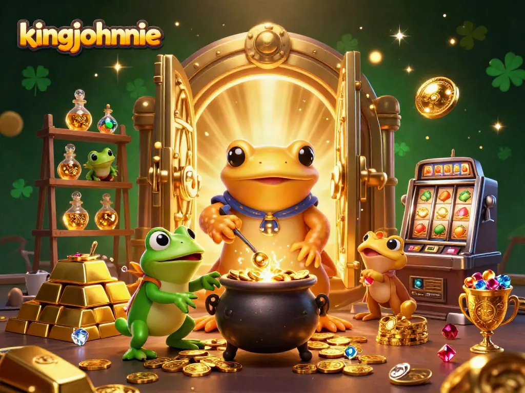Experience winning with kingjohnnie's vibrant 3D casino scene filled with treasures and excitement.