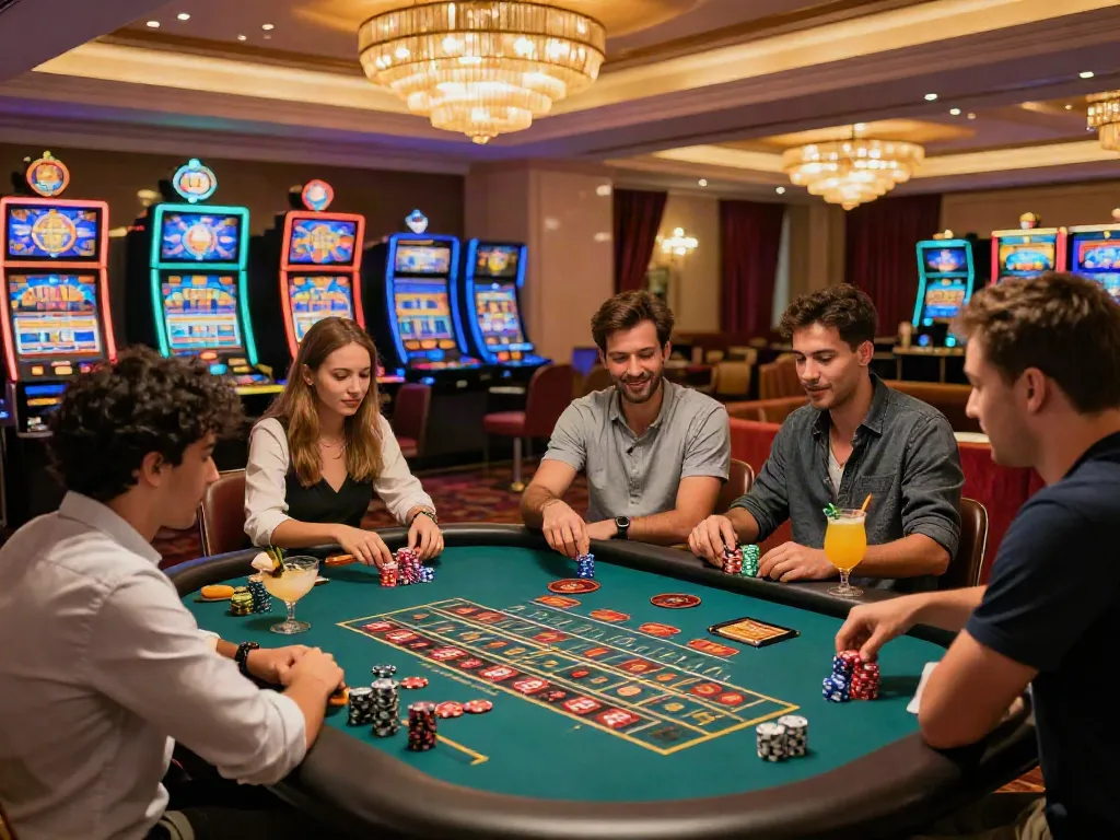 A captivating gaming scene at a Casino sans Depot with players enjoying roulette and vibrant slots in the background.