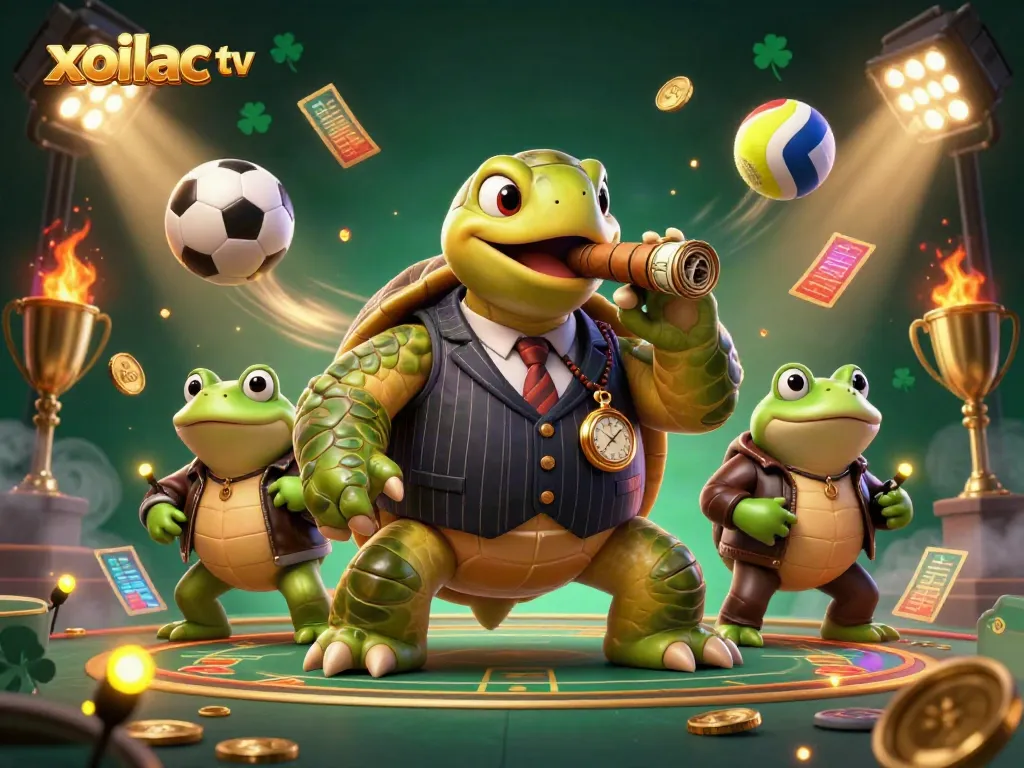 Xoilac TV features a cartoon turtle mobster amidst sports balls, showcasing dynamic casino energy.