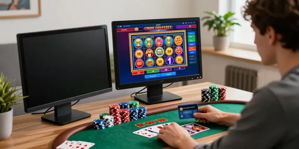 A player enjoying gaming at casinos that take credit cards, with vibrant slots and poker chips.