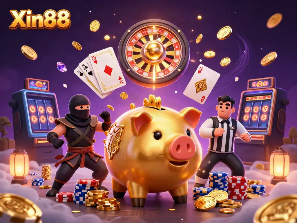 Experience thrilling action with Xin88 as a sumo wrestler shakes loose golden coins in a vibrant casino scene.