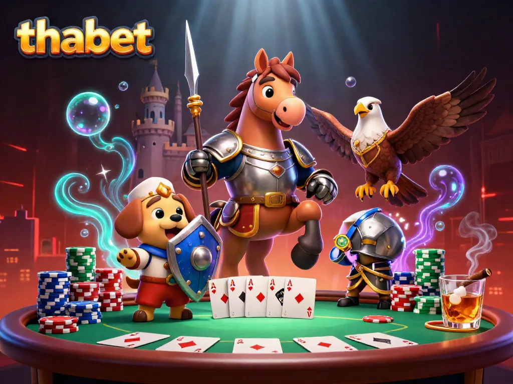 Engage in thrilling poker action with thabet's cartoon knight, squire, and falcon amidst dynamic gaming elements.