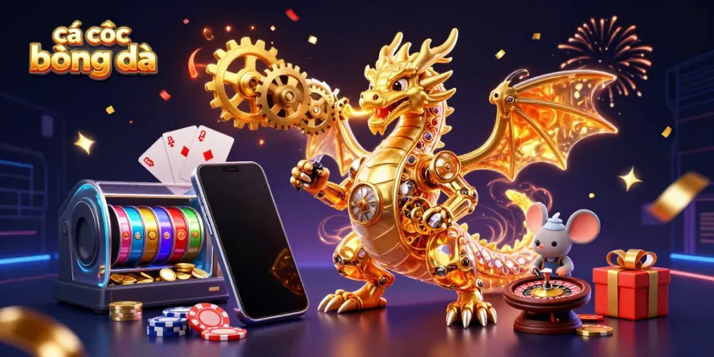 Engage in cá cược bóng đá with vibrant golden illustrations of a dragon and casino elements.