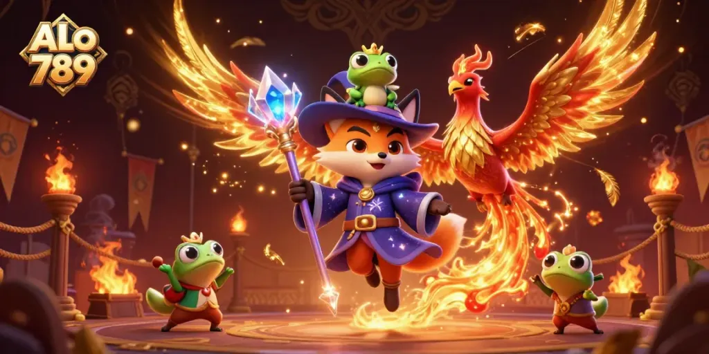 Experience thrilling cockfighting action with ALo 789, where fiery phoenixes and wizard elements meet the betting arena.