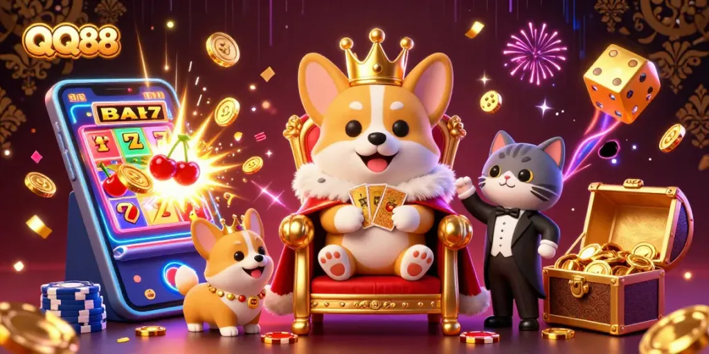 Experience the thrilling atmosphere of QQ88 with a royal corgi on a poker chip throne amidst golden jackpots.