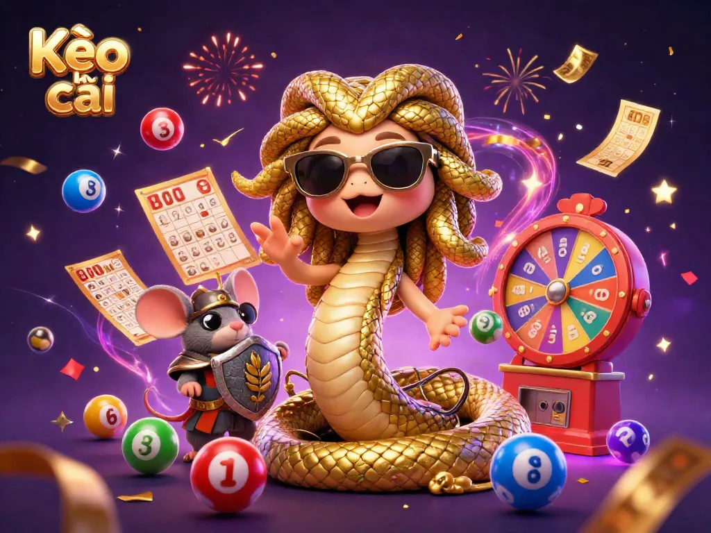 Kèo nhà cái scene showcasing a friendly Medusa, a warrior mouse, and colorful lottery elements celebrating victory.