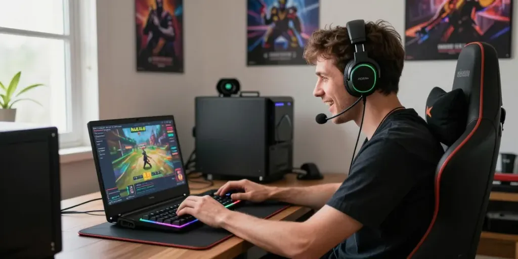 Male gamer using the Manclub platform on his laptop with excitement.