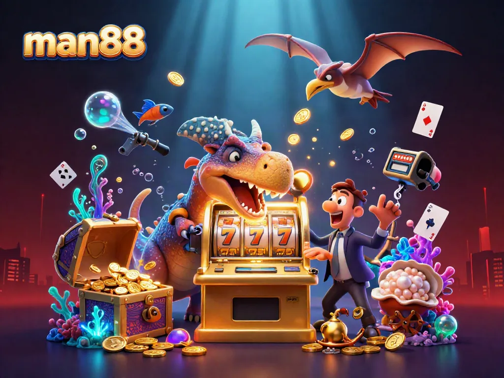 Experience the excitement of man88 as a pachycephalosaurus hits a jackpot machine in a vibrant digital casino.