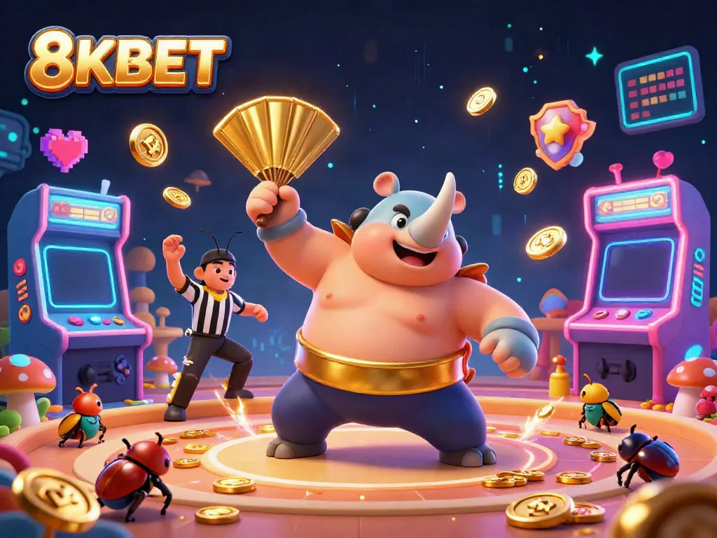 Experience the thrilling atmosphere at 8KBET with a sumo beetle champion sending coins flying in a colorful arcade.