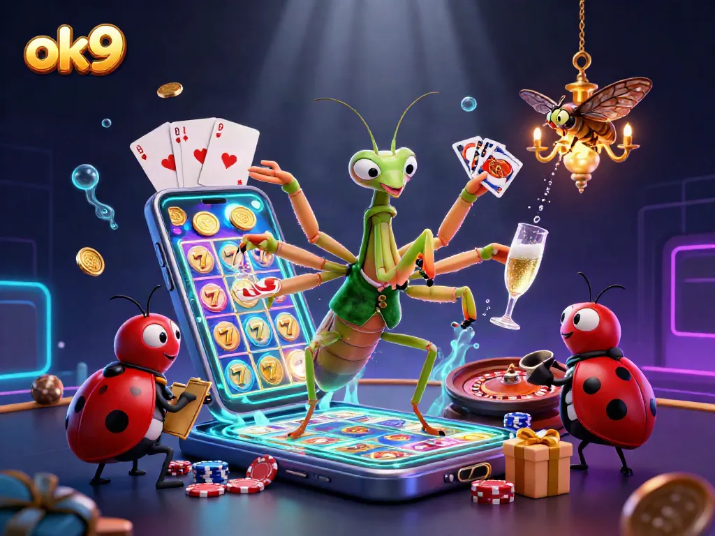 Experience exciting gaming moments with ok9 as a giant praying mantis card sharp deals cards and pours champagne.