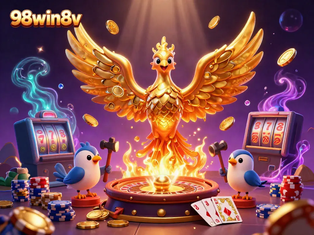 Engage with the vibrant golden phoenix of 98win8v soaring through the virtual casino realm with golden coins and game elements.