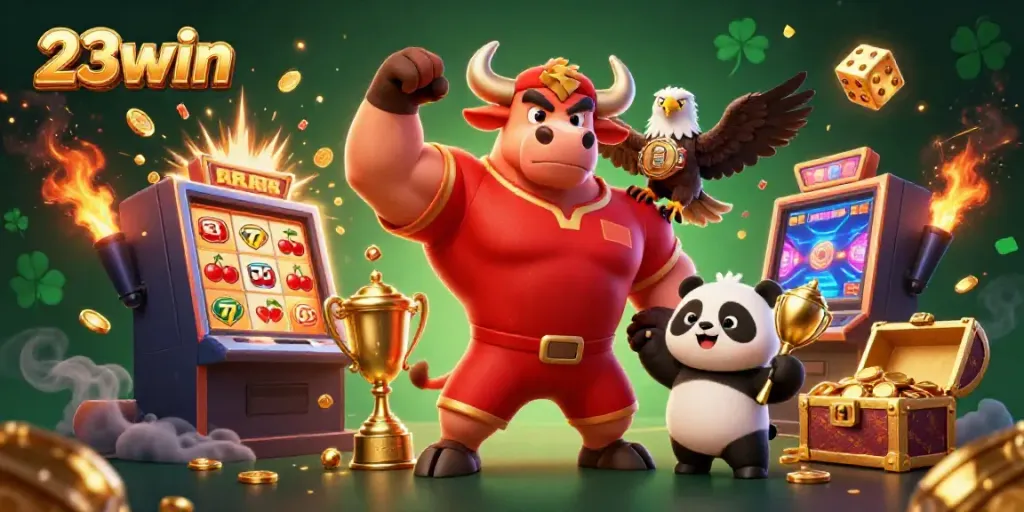 Experience the thrilling victories of 23win with our vibrant casino scene showcasing iconic characters and game elements.