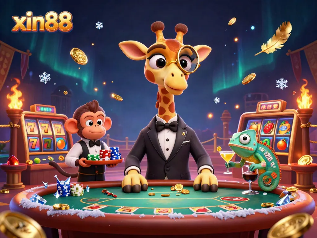 Experience the thrill of xin88 casino with a high-roller giraffe and vibrant gaming elements.