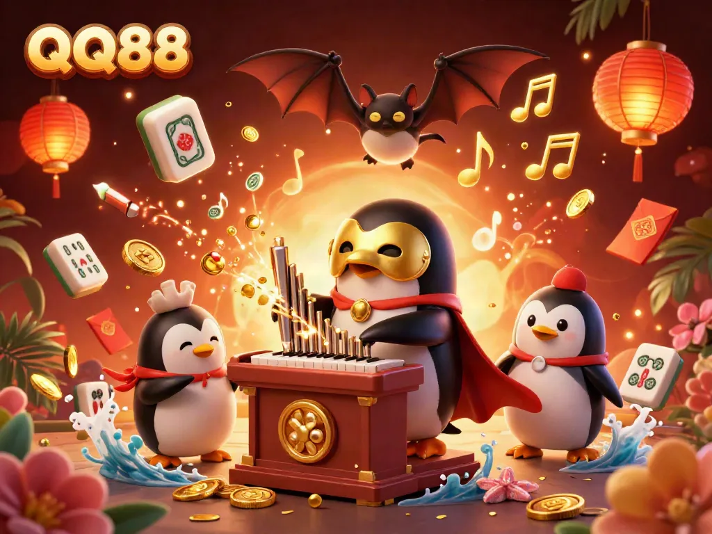 Experience the excitement of QQ88 with a vibrant 3D penguin playing an organ, surrounded by casino-themed elements.