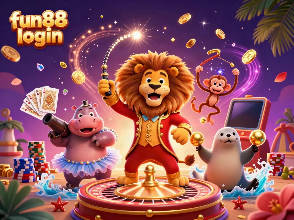 Experience fun88 login with a lively circus-themed casino scene featuring colorful characters and dynamic gaming elements.