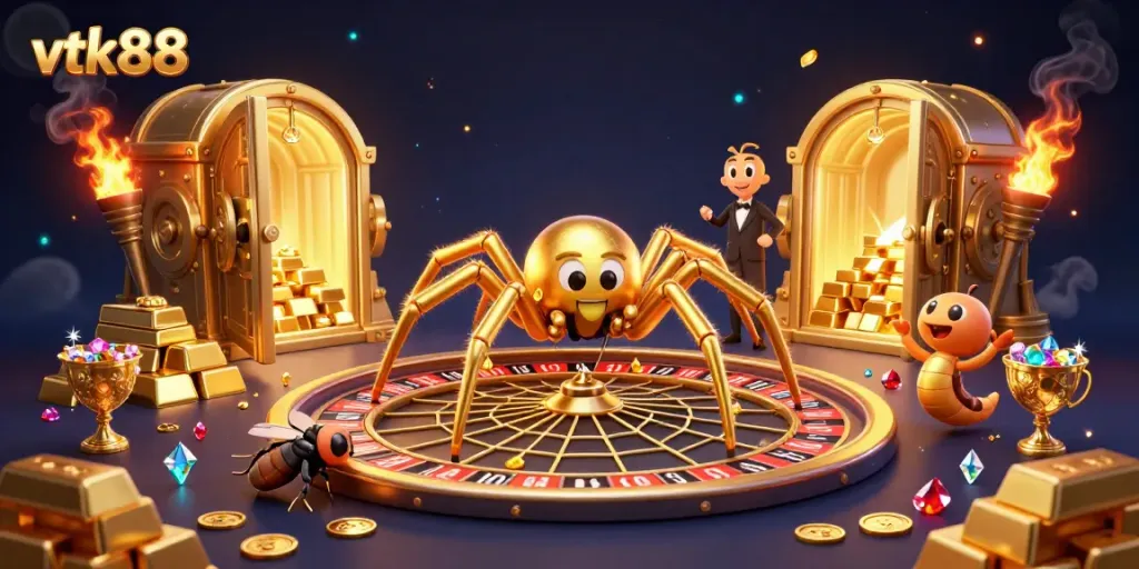 Experience thrilling wins at vtk88 casino with a golden roulette wheel and enchanted characters.