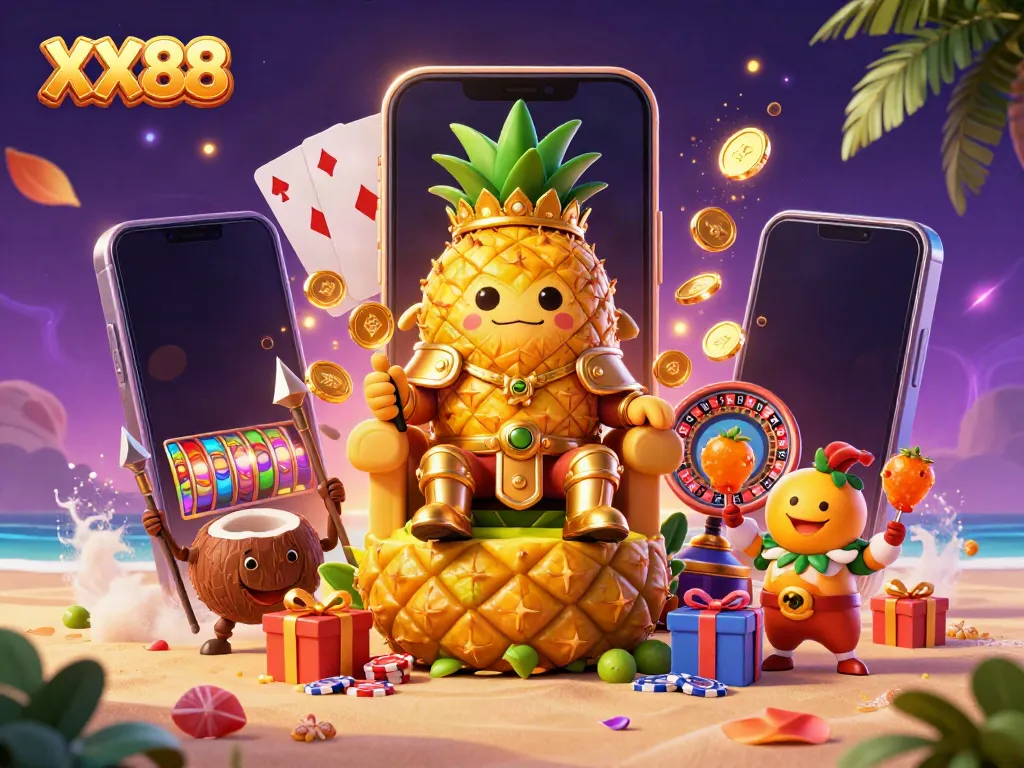 Experience thrilling gameplay at XX88 with the golden pineapple king amidst a vibrant casino setting.