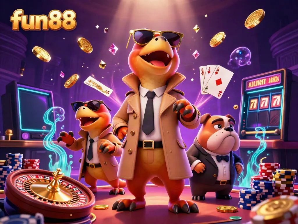 Experience fun88's dynamic casino atmosphere with raptors in a trench coat attempting clever entry.