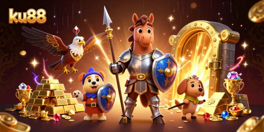 ku88 immersive casino adventure featuring knight, puppy, and falcon with treasures
