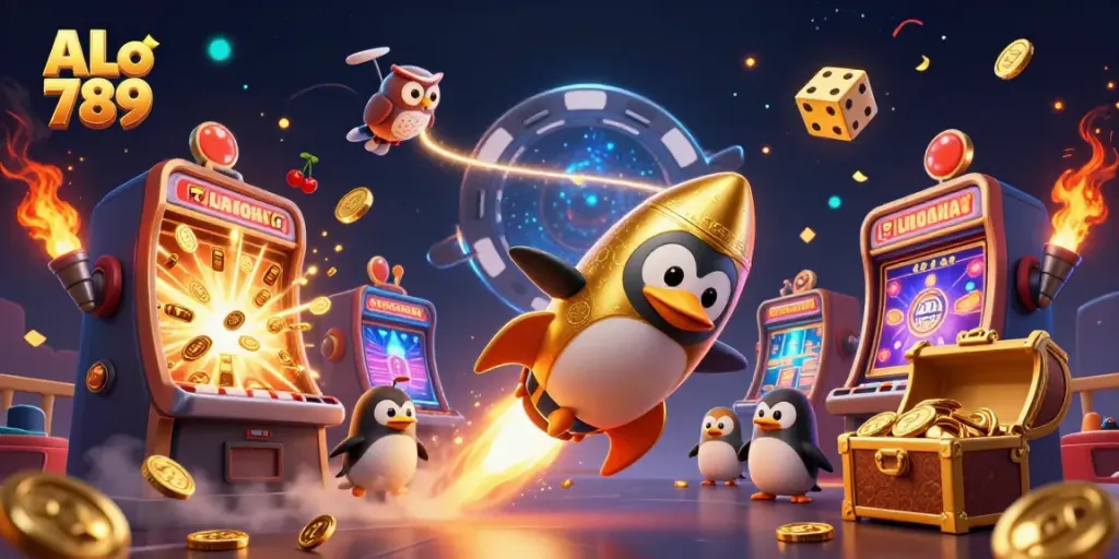 Join the exciting world of gambling with ALo 789, featuring a golden penguin and vibrant casino elements in action.