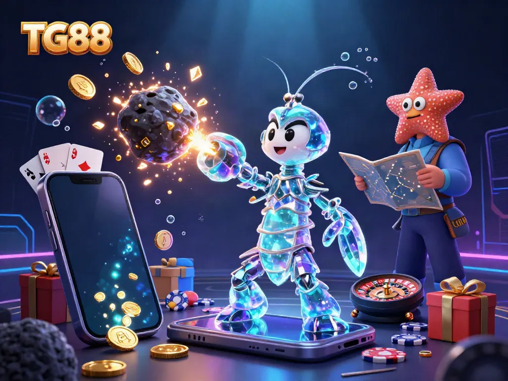 Experience the excitement of TG88 with a dynamic scene of a mantis shrimp and starfish amidst vibrant casino elements.