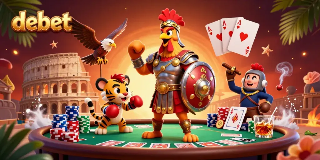 Experience debet casino gaming excitement with a fierce gladiator rooster and vibrant poker setting.