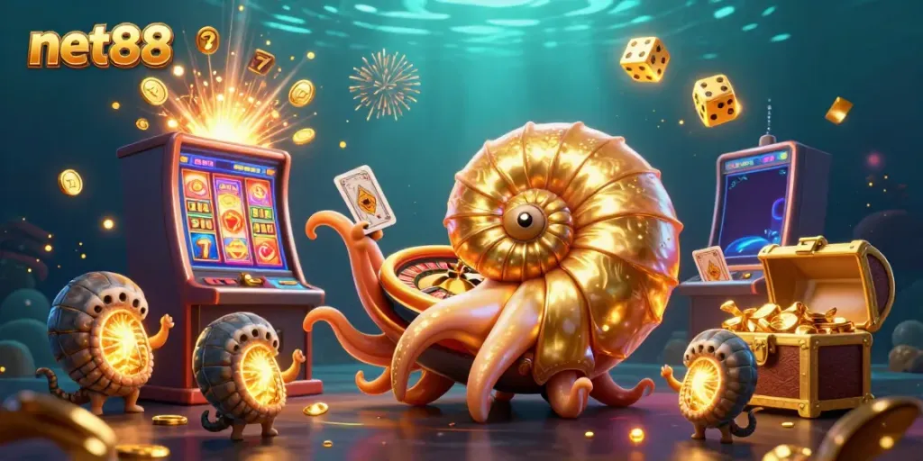 Win big while playing games at net88, featuring vibrant casino elements and a unique nautilus character.