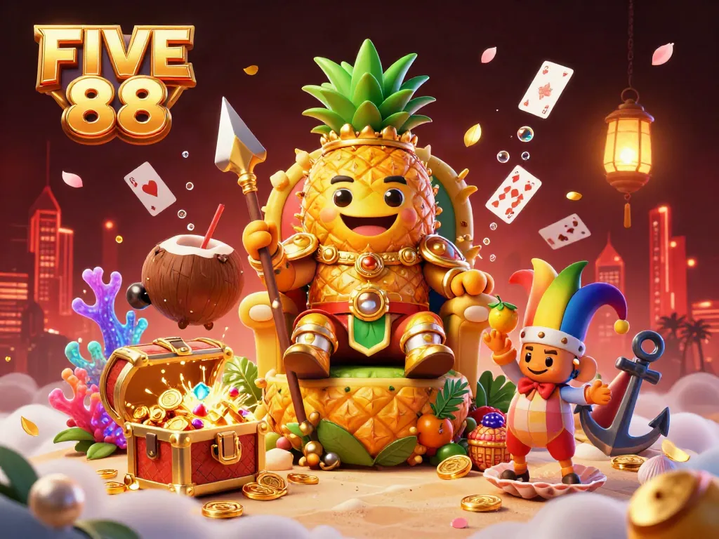 Engage with FIVE 88's vibrant gaming scene featuring a golden pineapple king amidst dynamic casino elements.