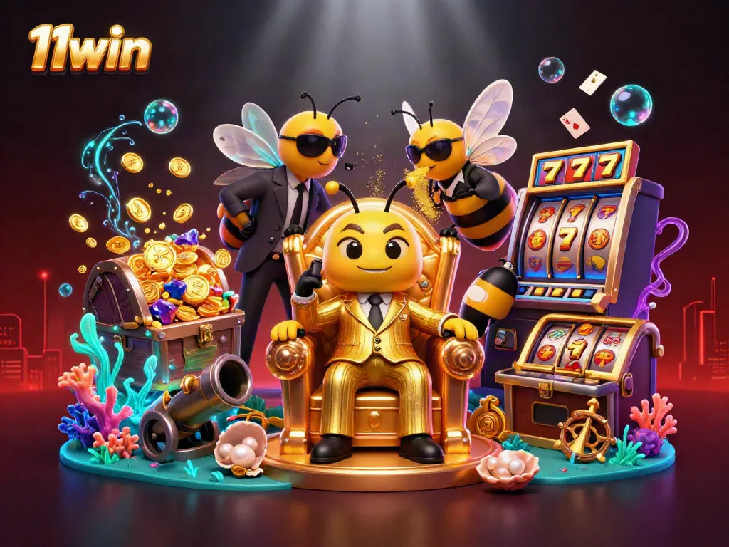 Win big at 11win with a vibrant casino scene featuring a mob boss bee, wasp bodyguards, and slot machine elements.