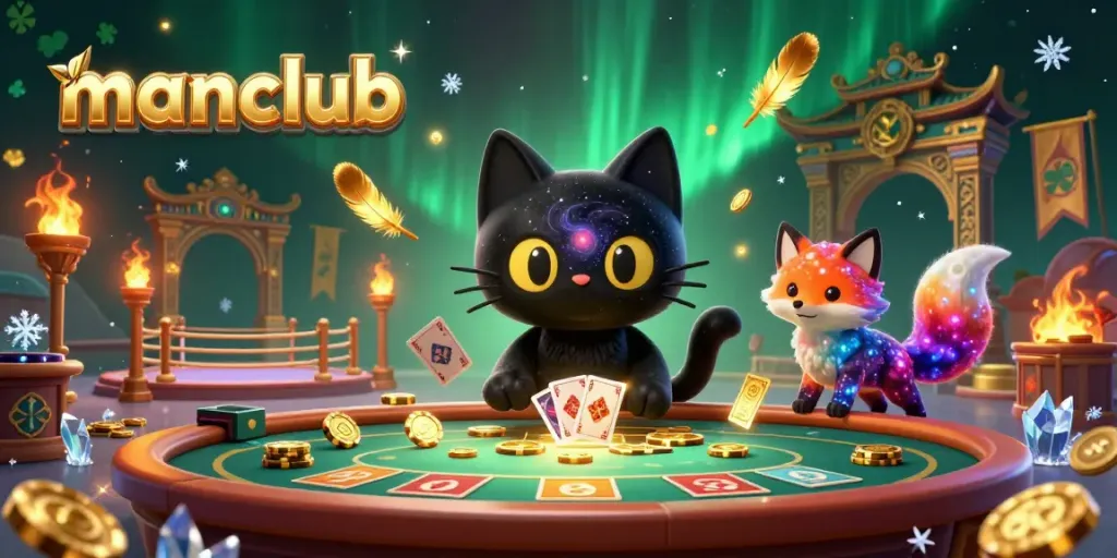 Engage with manclub's cosmic casino scene featuring a black hole cat and a nebula fox amidst golden chips.